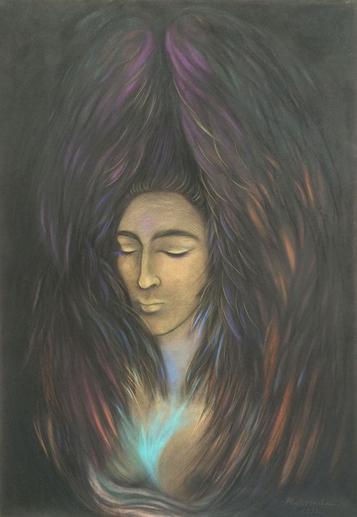 Dark Angel Enclosed III; large pastel with gold powder by Phyllis Mahon