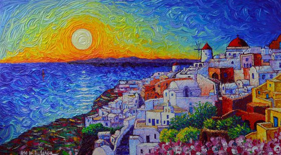 SANTORINI OIA SUNSET - 90 X 50 cm landscape from Greece modern impressionist impasto palette knife original oil painting Greek islands