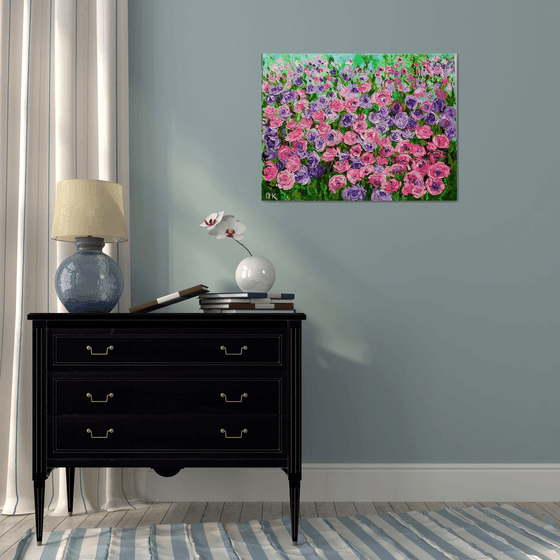 FIELD OF Happyness PURPLE PINK WHITE  ROSES  palette knife modern decor MEADOW OF FlOWERS, LANDSCAPE,  office home decor gift