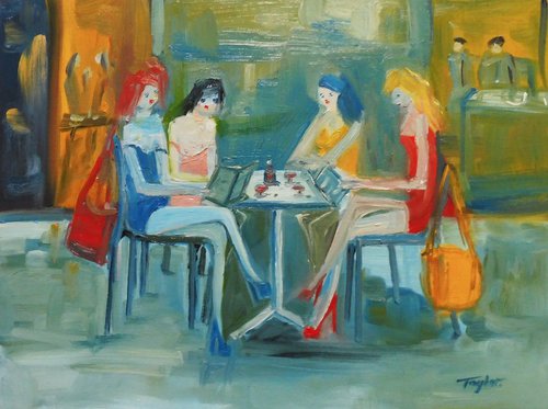 GIRLS PRETTY FASHION MODELS, RED WINE, RESTAURANT, Blue Pink Yellow Red Dresses. Original Female Figurative Oil Painting. Varnished. by Tim Taylor
