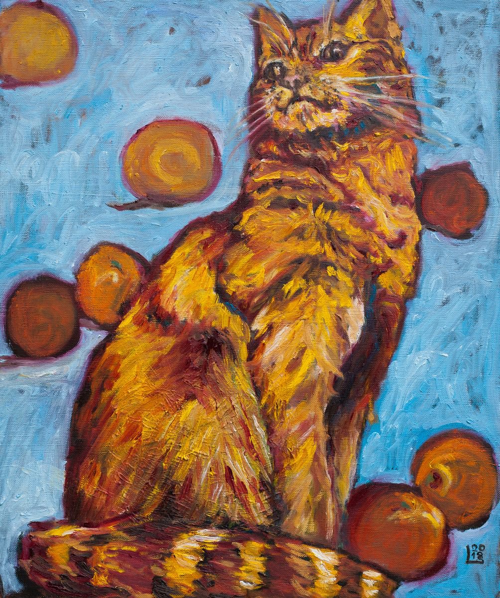 Ginger Cat And Oranges by Liudmila Pisliakova
