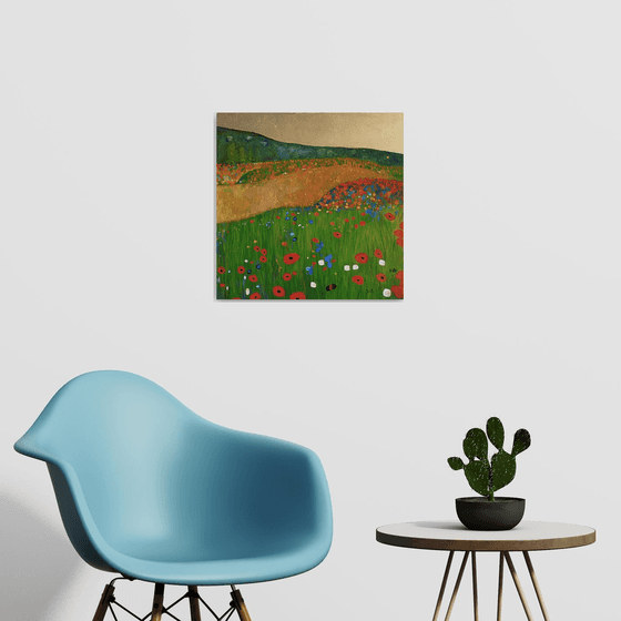 Contemporary Abstract Poppy Field & Gold Leaf Landscape.