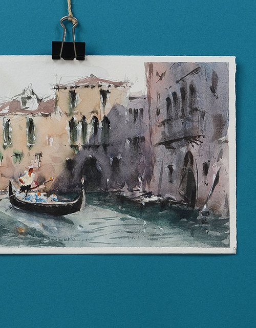 Venetian scene with gondola, original watercolout art painting. by Marin Victor