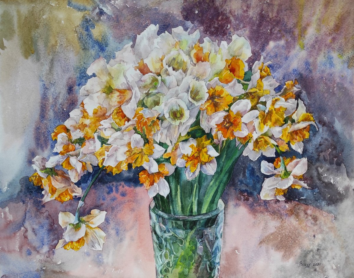 Daffodils - original artwork, spring flowers, watercolor painting by Tetiana Borys