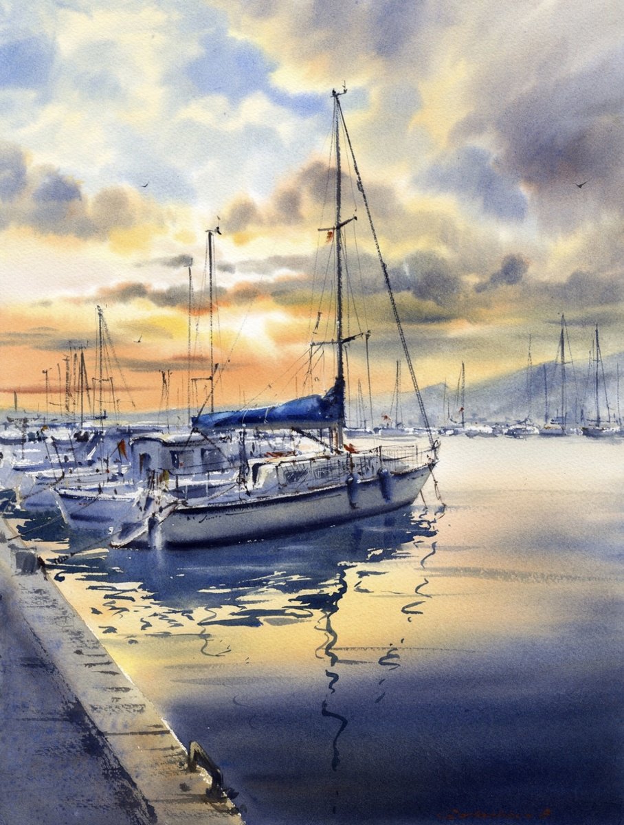 Impressionistic Watercolour , Golden Hour At The Pier By Eugenia Gorbacheva, 12 X 16, Artwork For Sale On Artfinder