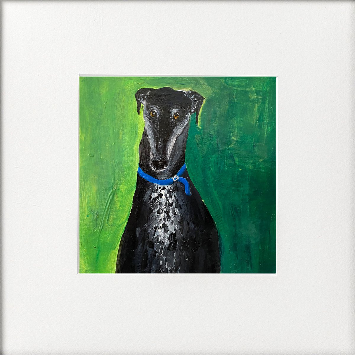 Posing Black & White Greyhound on Green by Teresa Tanner