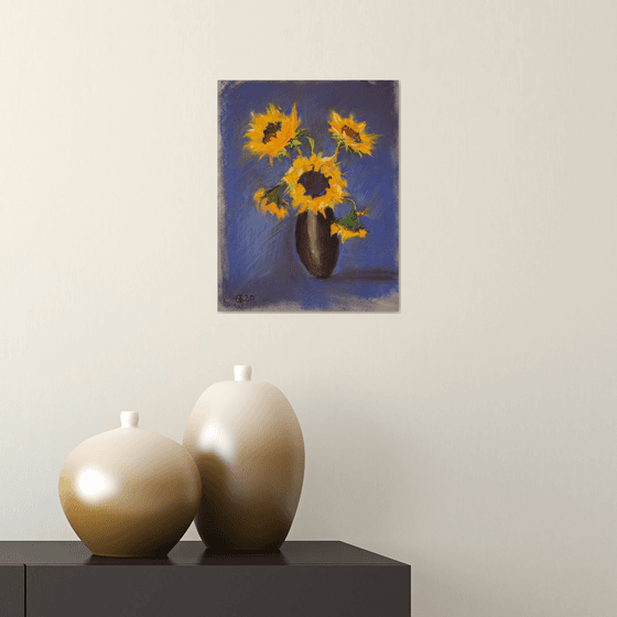 Sunflowers on a blue background. Small dry pastel drawing bright colors original art