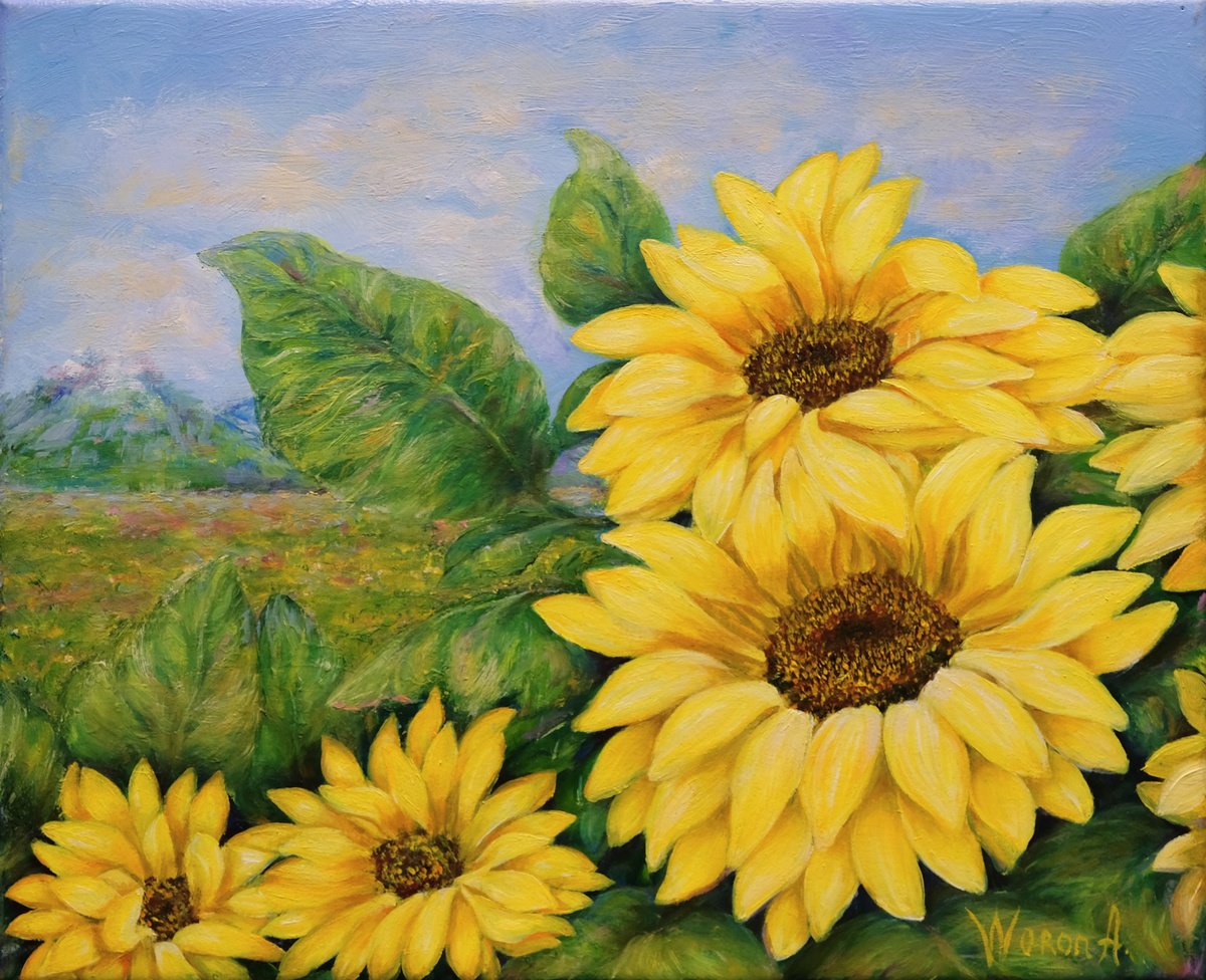 Impressionistic Botanical Oil Painting By Anastasia Woron, 11 X 9, Tender Sunflowers, Original Artwork