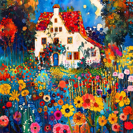 Sunny day with cozy house in colorful garden. Bright impressionistic fairytale floral landscape fantasy flowers. Hanging large positive relax naive fine art for home decor, inspiration by Matisse and Klimt