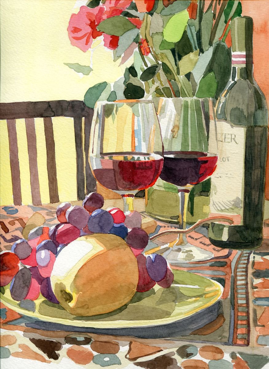 Still-life with wine and fruits by Tatyana Holodnova