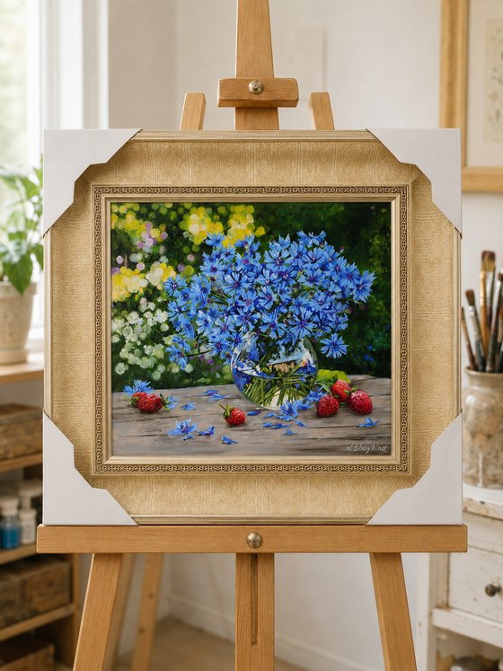 Sunlit Blue Cornflowers with Strawberries