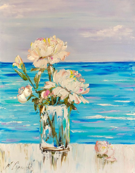 FLOWER MORNING - Seascape. White. Peonies. Tenderness. Shore. Blue art. Ocean view. Horizon. Romantic. Mood.