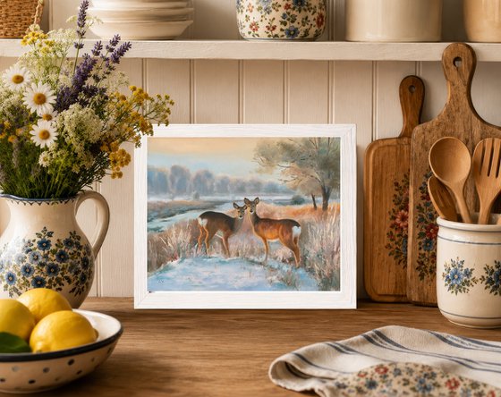 Snowy landscape with deer