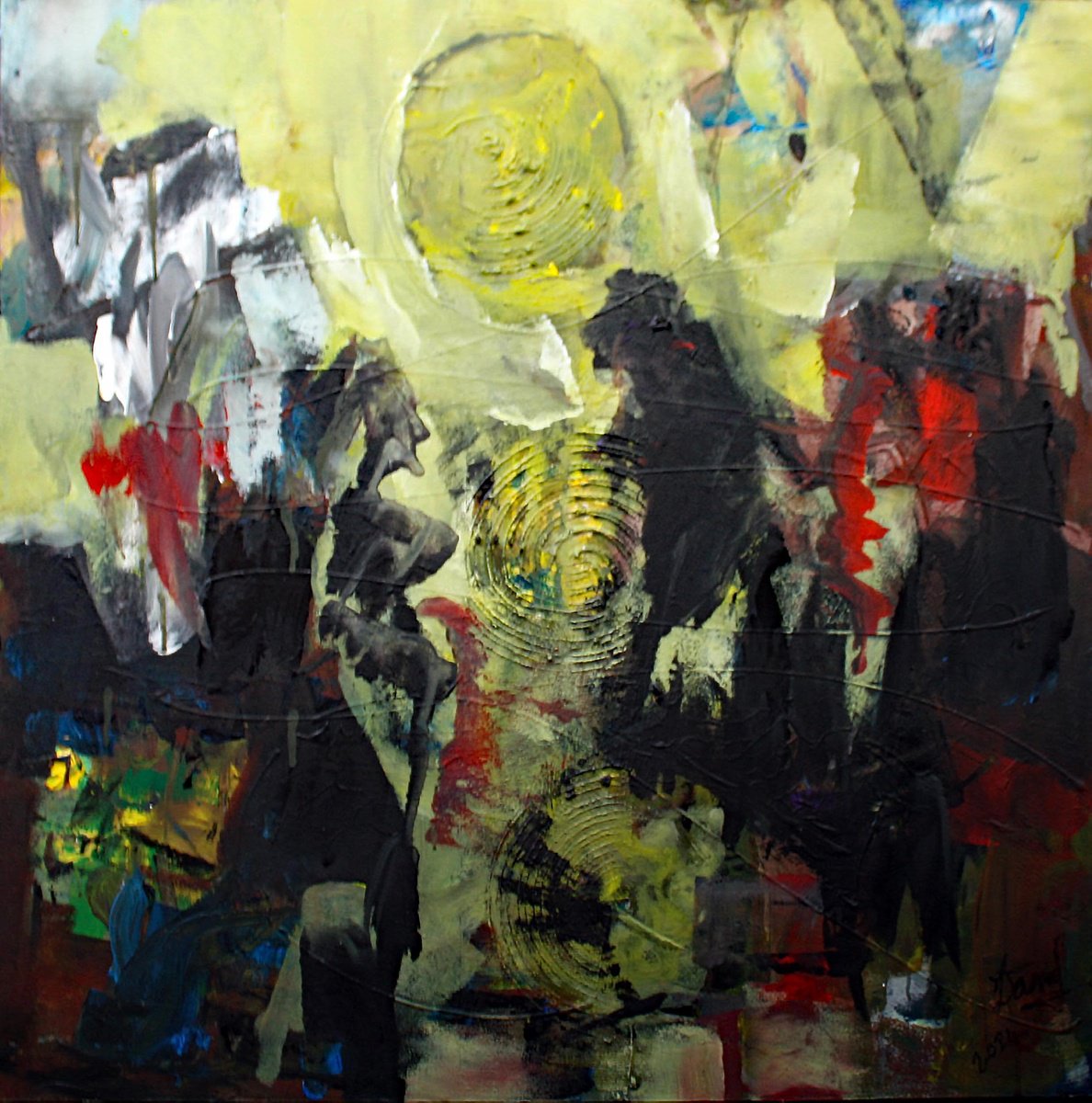 Abstract Acrylic Painting By Jacques Donneaud, 37 X 38, Ombres Et Reflets, Original Artwork