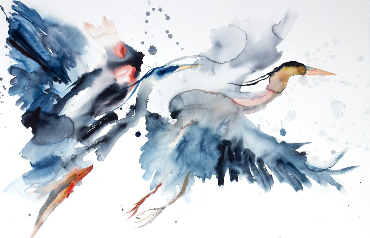 Expressive Animal Watercolour By Elizabeth Becker, 40 X 26, Herons In Flight No. 5, Original Artwork