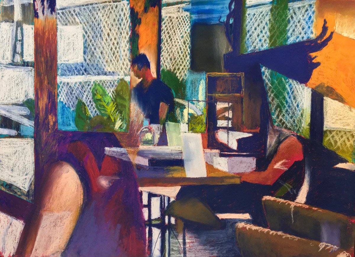 Impressionistic Portrait Pastel Drawing By John Cottee, 30 X 22, Restaurant Reflections, Original Artwork