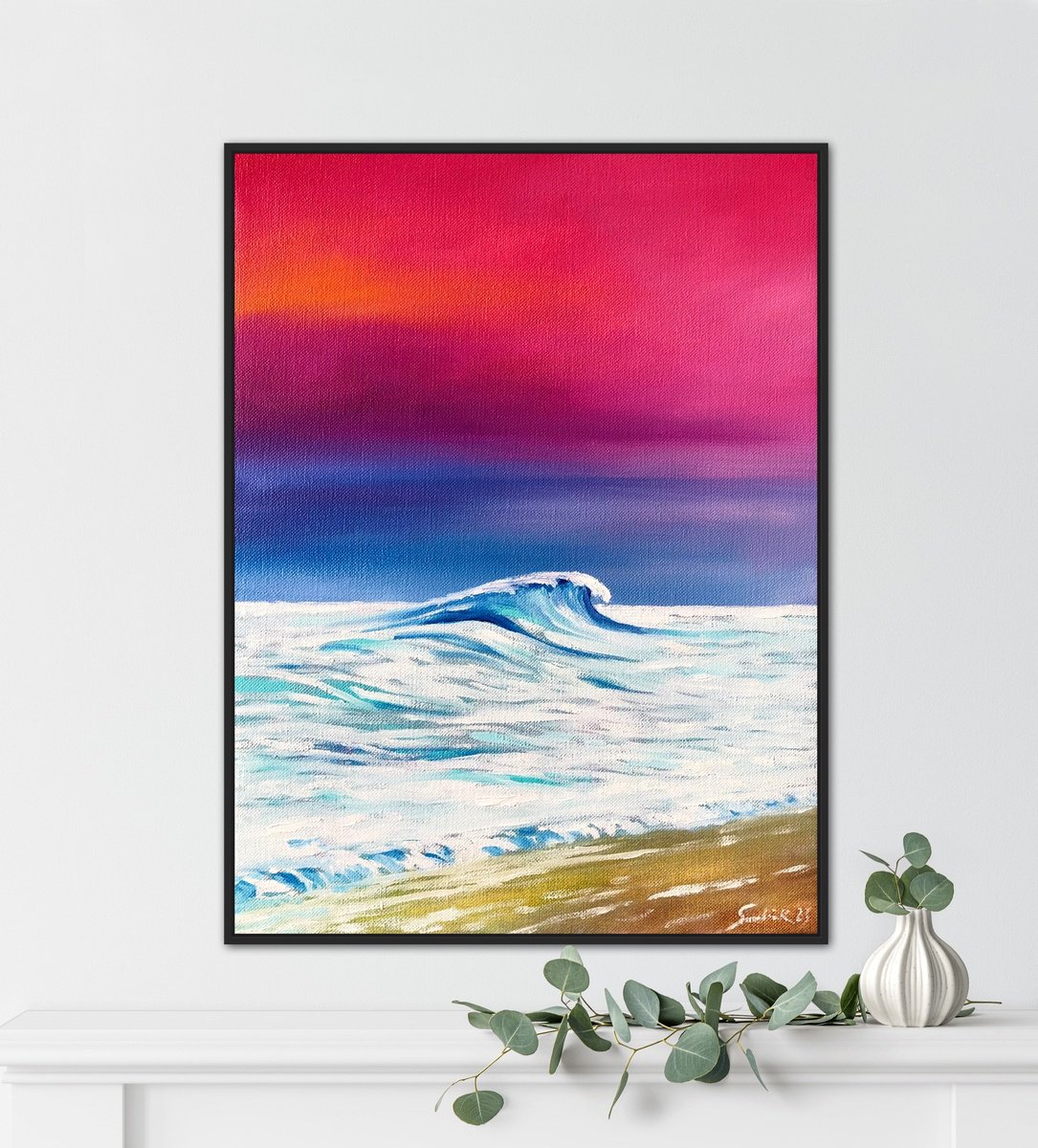 Impressionistic Landscape Oil Painting By Volodymyr Smoliak, 12 X 16", Pink Sunset 2023, Original Artwork