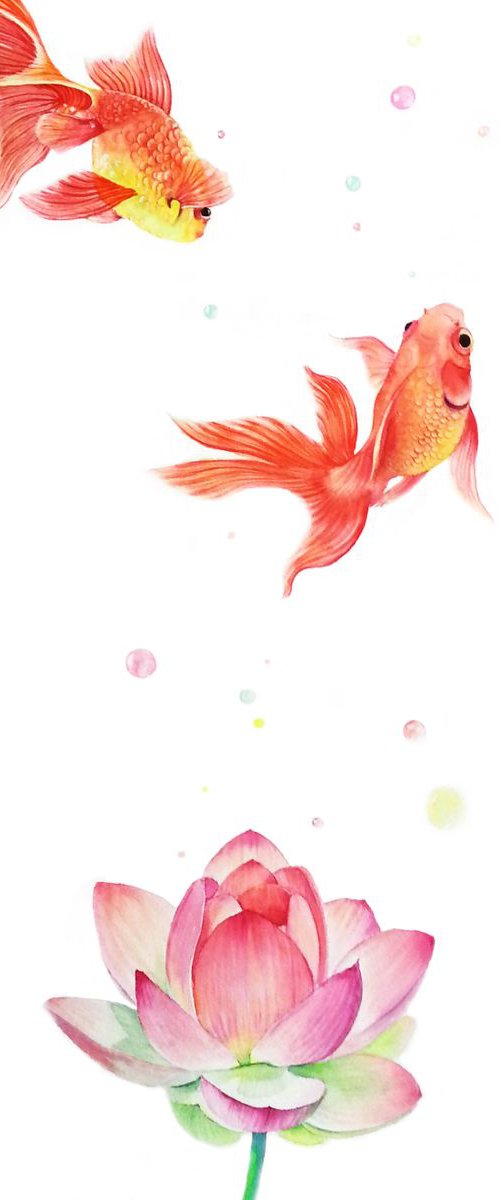 Goldfish and Lotus Flower by Olga Beliaeva Watercolour