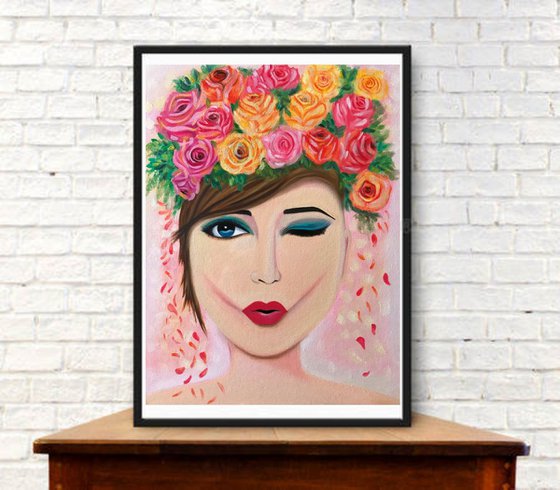 Wink Girl Portrait with flowers !! Oil Painting !!