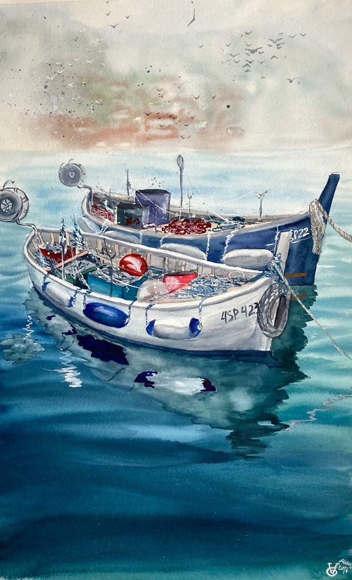 BOATS IN BLUE WATER by Valeria Golovenkina