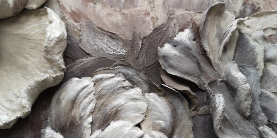 Peonies sculptural painting-neutral color relief landscape with silver light on a horizontal painting 60x40x4 cm