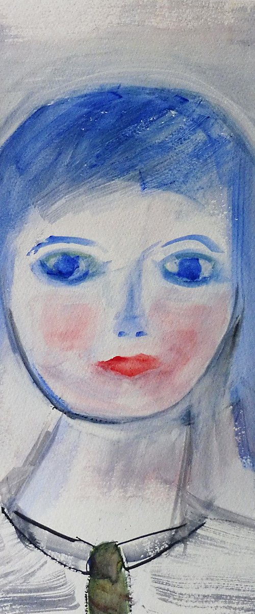 GIRL PORTRAIT BLUE HAIR, Green Tie, Sketch Study. Original Female Portrait Watercolour Painting. by Tim Taylor