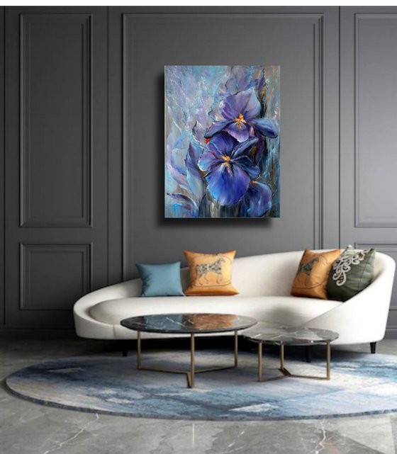 The mystery of irises - oil painting, original gift, home decor, Flowering, Spring, Leaves, poster, Bedroom, Living Room, Meditation, Lilac, Blue Flower, Lilac, Rainbow, Bright Flowers