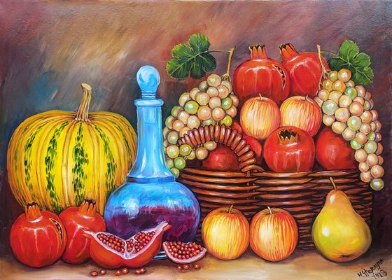 Still life with fruits  (50x70cm, oil painting, ready to hang)