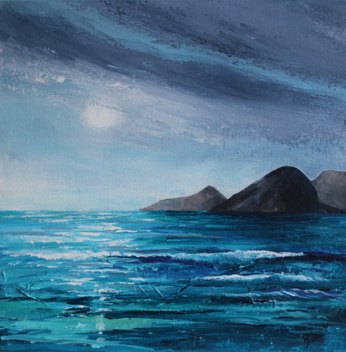 Impressionistic Landscape Acrylic Painting By Valerie Jobes, 12 X 12", Moonlight Reflections, Original Artwork