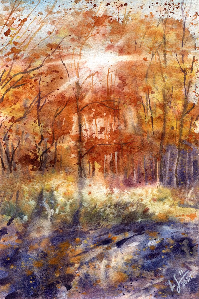 Impressionistic Landscape Watercolour By Svitlana Lagutina, 7 X 10", Autumn Radiance, Original Artwork