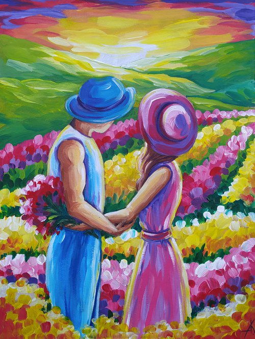 Love story - peace, acrylic painting, tulips, love, lovers, girl, woman, flowers, tulips field by Anastasia Kozorez
