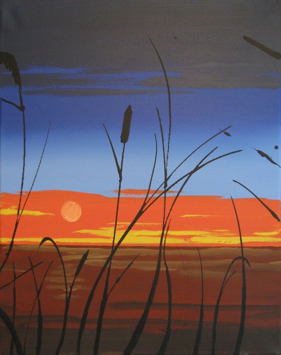 triptych landscape art "sunset lake" hand made original