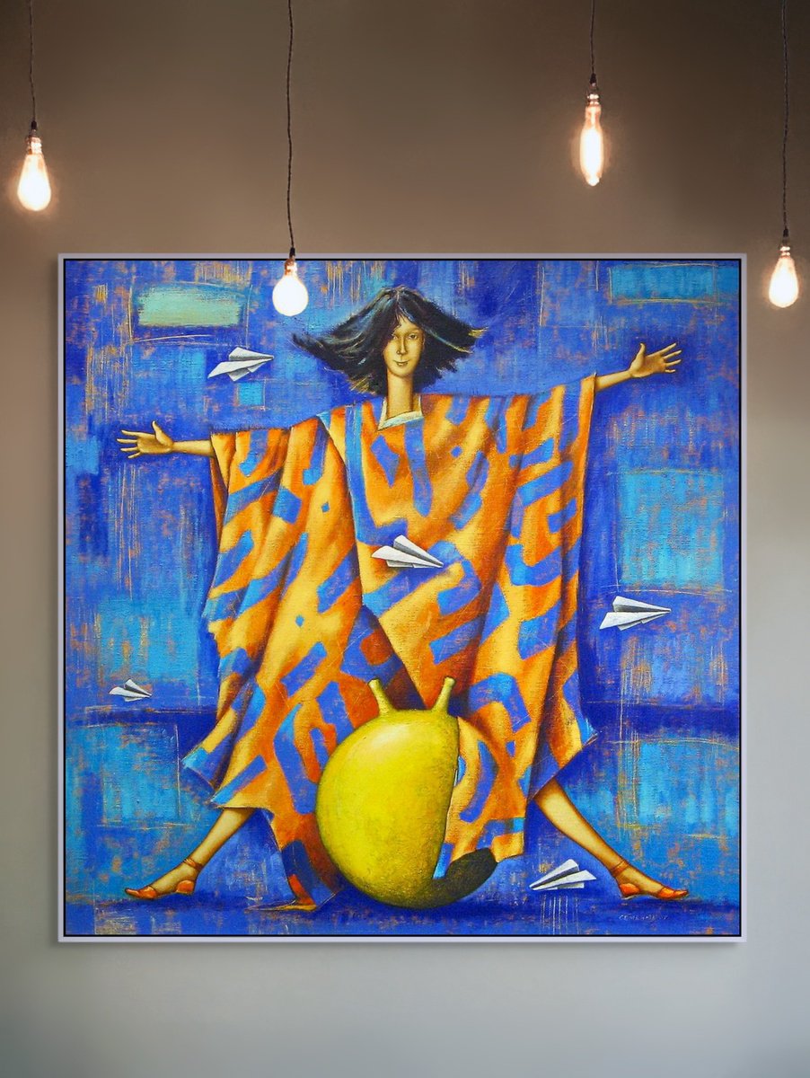 Expressive Portrait Oil Painting By Evgen Semenyuk, 35 X 35, Levitation, Original Artwork