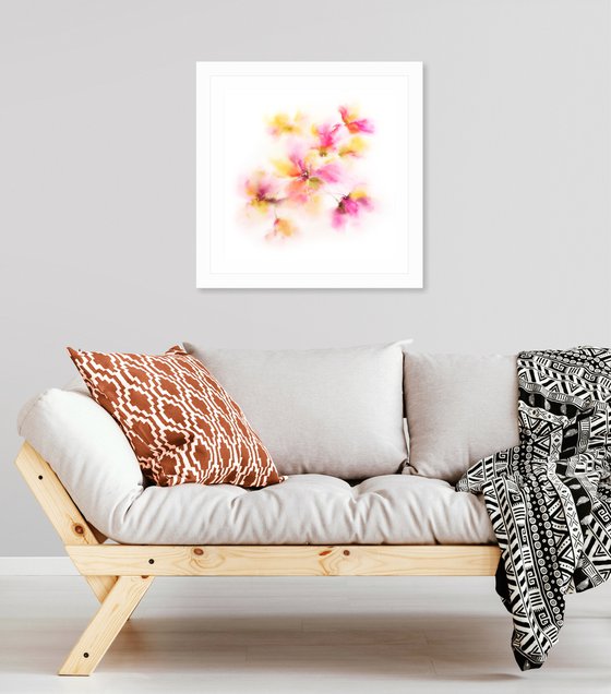 Pink yellow flowers bouquet, watercolor abstract floral wall art "Sun day"
