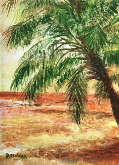 Palm tree on a sunset beach by Sandra Fisher