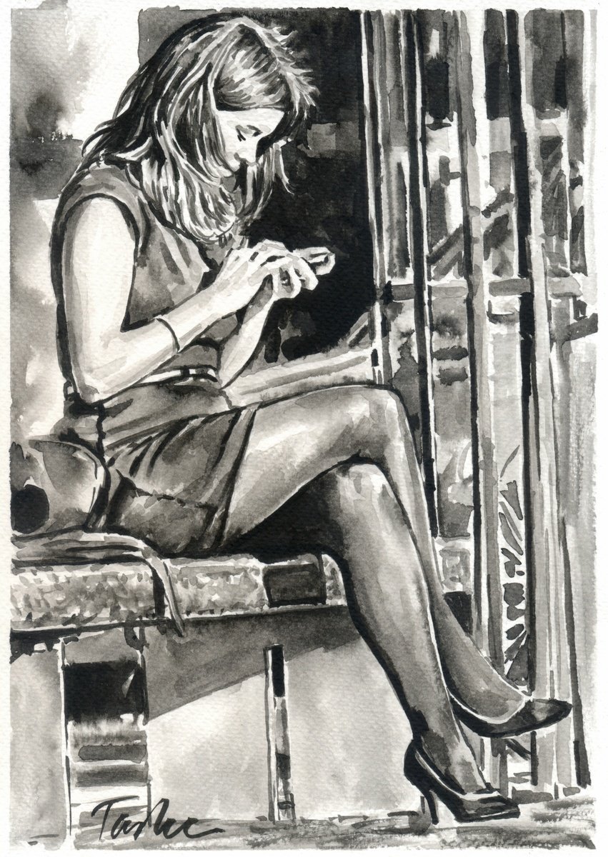 Urban And Pop Portrait Ink Drawing By Tashe, 8 X 12", City Life #1, Original Artwork