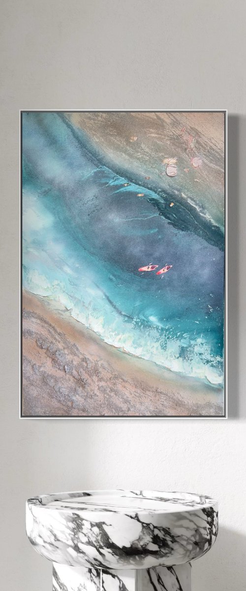 Teal Texture seascape with kayaks 2 90x60 by Marie Antuanelle