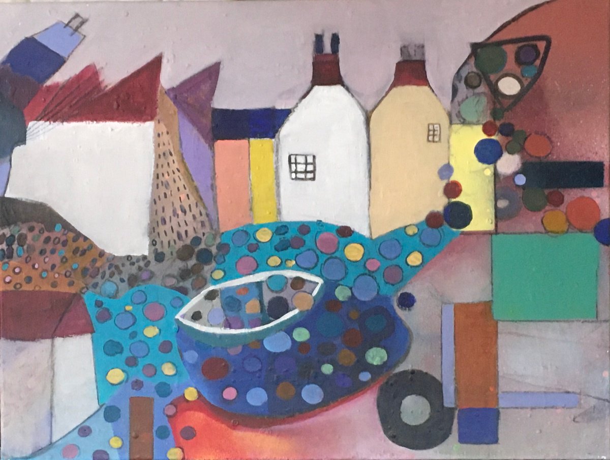 Impressionistic Landscape Painting By Chihiro Kinjo, 31 X 24, Old Fishing Village-2, Original Artwork