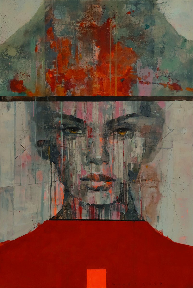 Expressive Portrait Oil Painting By Victor Sheleg, 31 X 47", "Shades Of Red", Original Artwork