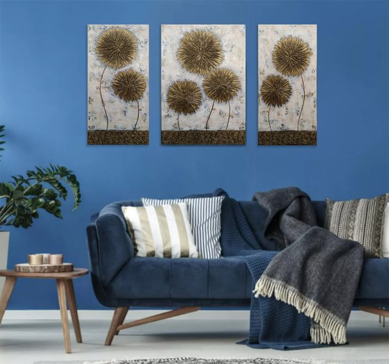 GOLD ASTERS (TRIPTYCH 30X60 40X60 30X60 size, texture, Modern art )