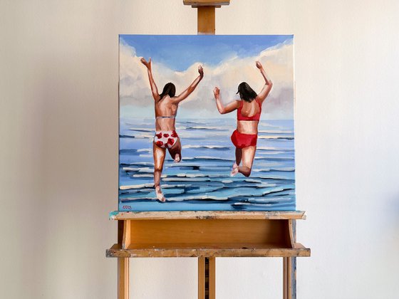 Jump into the sky - Swimmer Dive Woman Seascape Original Art