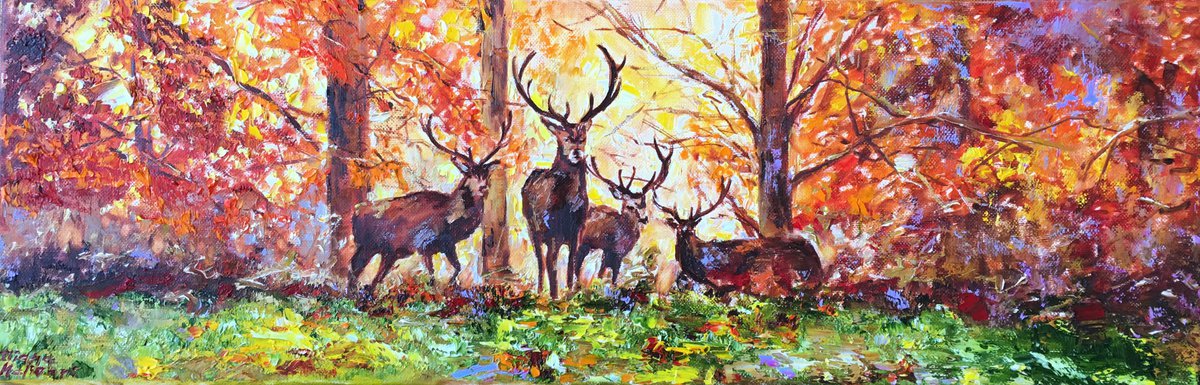 Impressionistic Animal Oil Painting By Diana Malivani, 24 X 8, In The Autumn Forest, Original Artwork