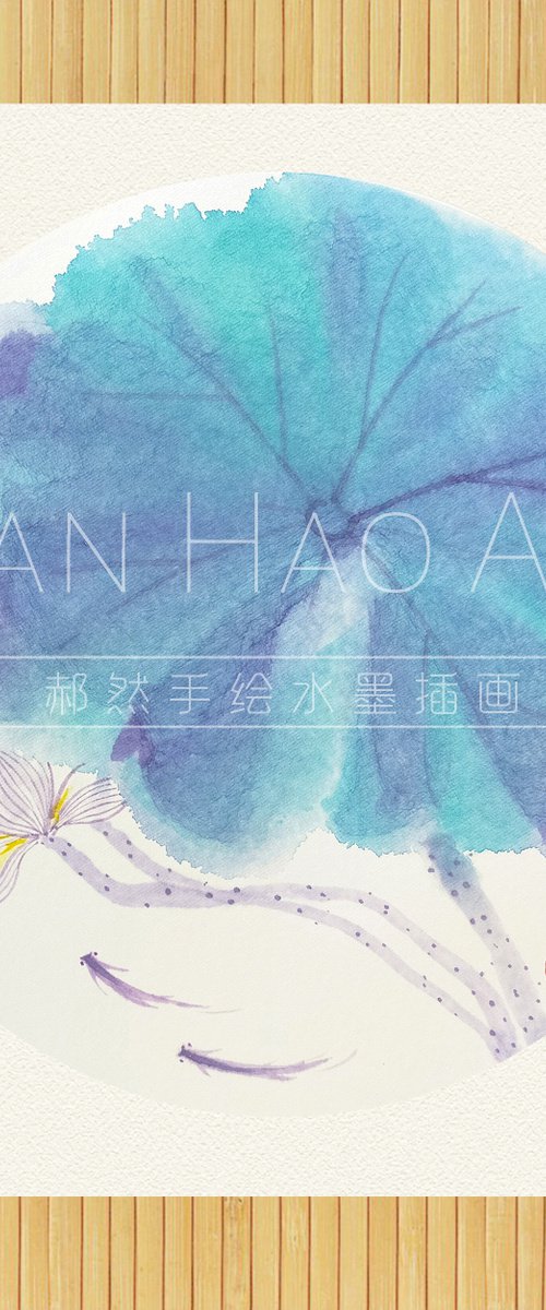 RAN ART - Chinese painting 38*38cm - Bleu Lotus leaf with flowers by RAN HAO