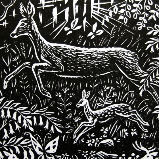 Deer Mama & Fawn Linocut Print.