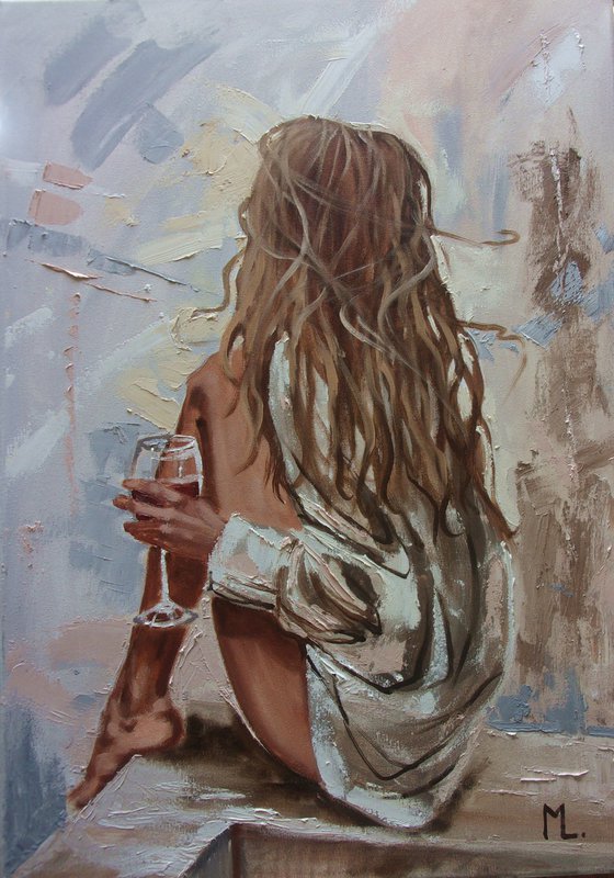 " HER THOUGHTS "-   liGHt  red wine ORIGINAL OIL PAINTING, GIFT, PALETTE KNIFE nude WINDOW