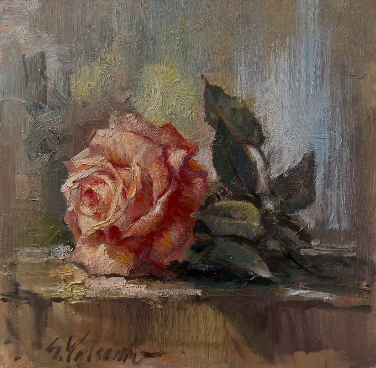 Expressive Botanical Oil Painting By Sergei Yatsenko, 16 X 16", Rose Symphony, Original Artwork