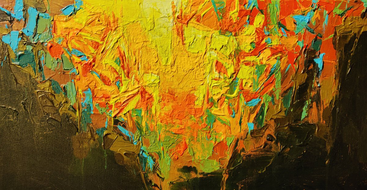 Organic Landscape Acrylic Painting By Abhishek Kumar, 26 X 14, Golden Horizons, Original Artwork