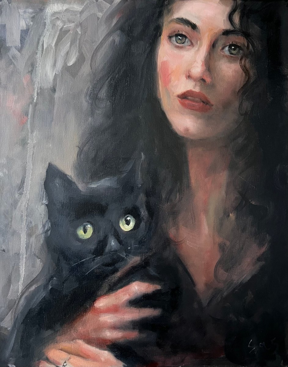 Impressionistic Animal Oil Painting By Liubou Sas, 16 X 20", Green Eyes, Original Artwork