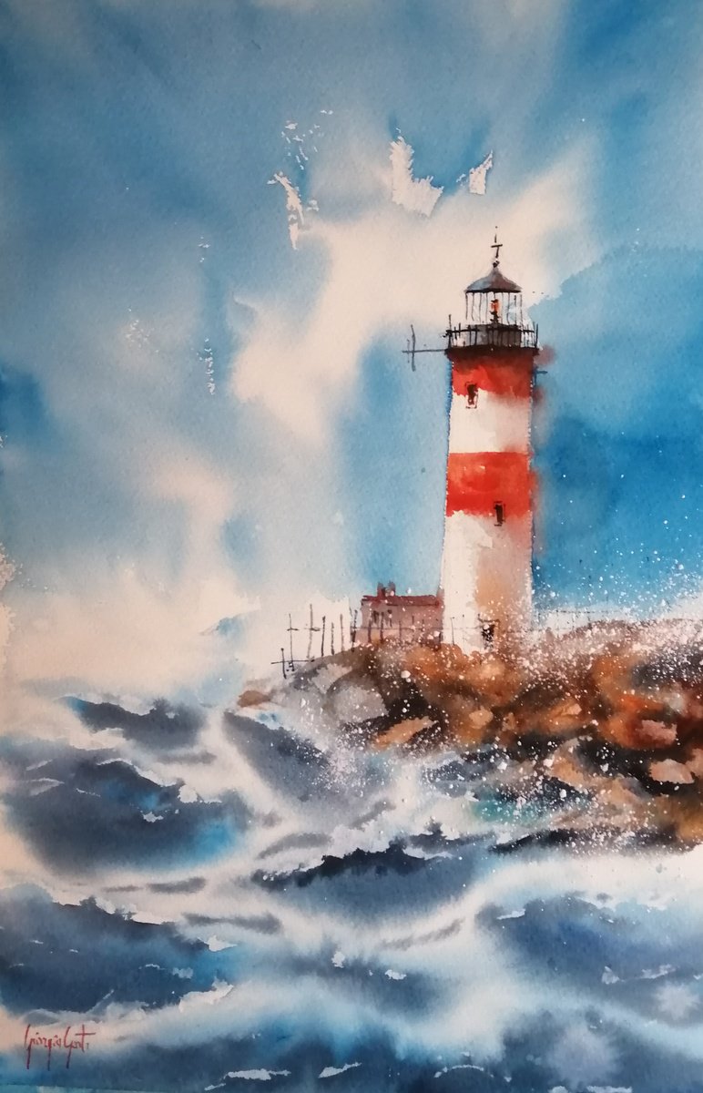 Impressionistic Landscape Watercolour By Giorgio Gosti, 14 X 21, Lighthouse 30, Original Artwork