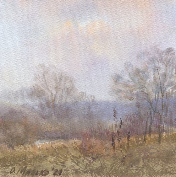 Smoky November / Fall landscape Original watercolor Plein air art work Calming painting